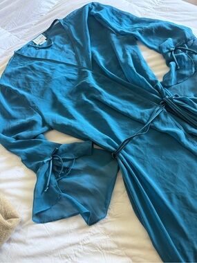 Vintage Linda Lingerie Teal Sheer Wrap Robe with Satin Details